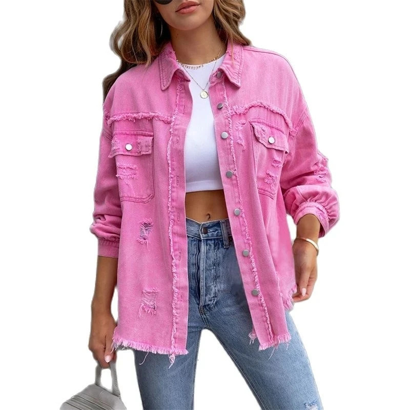 2023 Hole Edge Denim Jacket Womens SpringAutumn Shirt Style Jeans Casual Top Rose Red Orange Purple Coat 241206