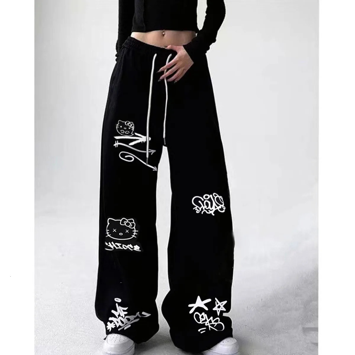 American Street Hip Hop Jazz Graffiti Hanging Straight Leg Sweater High Waist Loose Dance Wide Casual Pants 241206