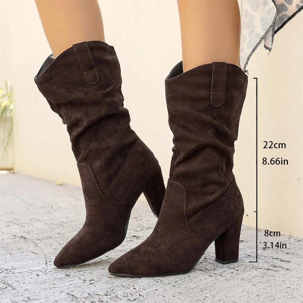 Large size 42 elegant modern womens midrange boots shoes sexy slip on pleated block high heels used for parties and offices 241206