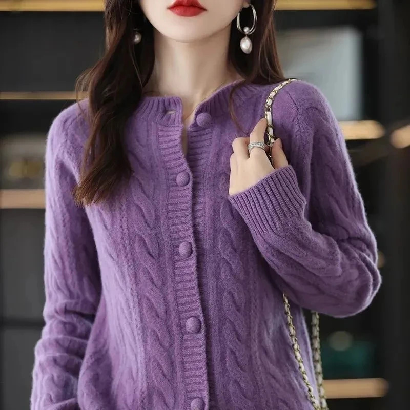 Womens spring and autumn knitted cardigan jacket casual round neck red top loose fashionable sweater 241206