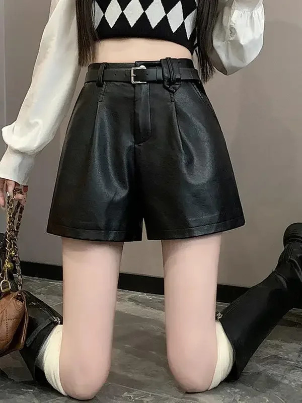 Womens Autumn High Waist PU Leather Shorts Womens Casual Wide Leg Shorts Womens Solid Color Shorts L535 241206