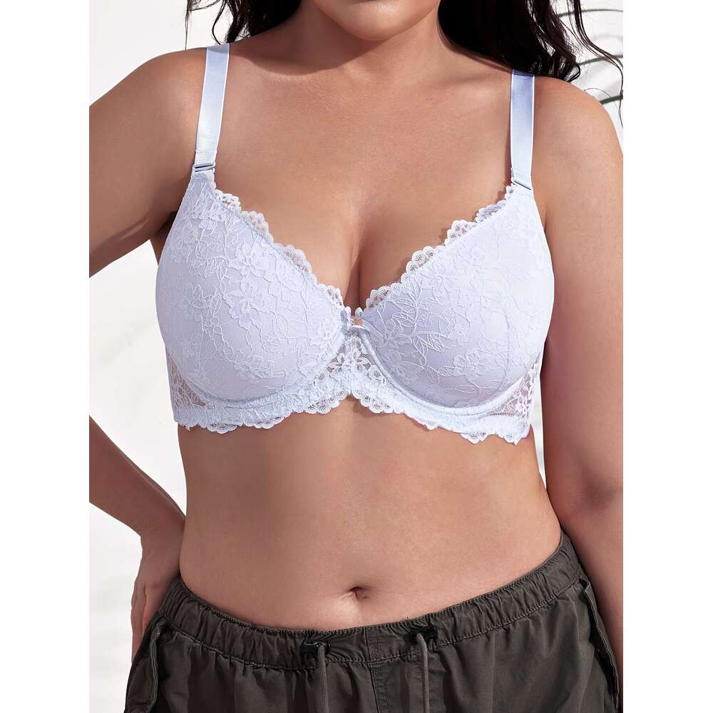 Women's Elegant Bra, Plus Size Bow Decorative Flower Lace Fan Edge Push Up Steel Rim Bra-K0570D