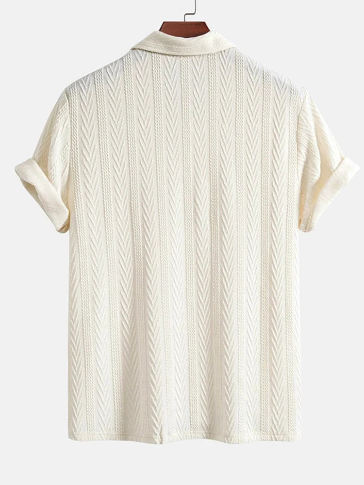 Mens Solid Color Jacquard Texture Polo Neck Half Button Short Sleeve Mens Basic Top T-shirt 241204