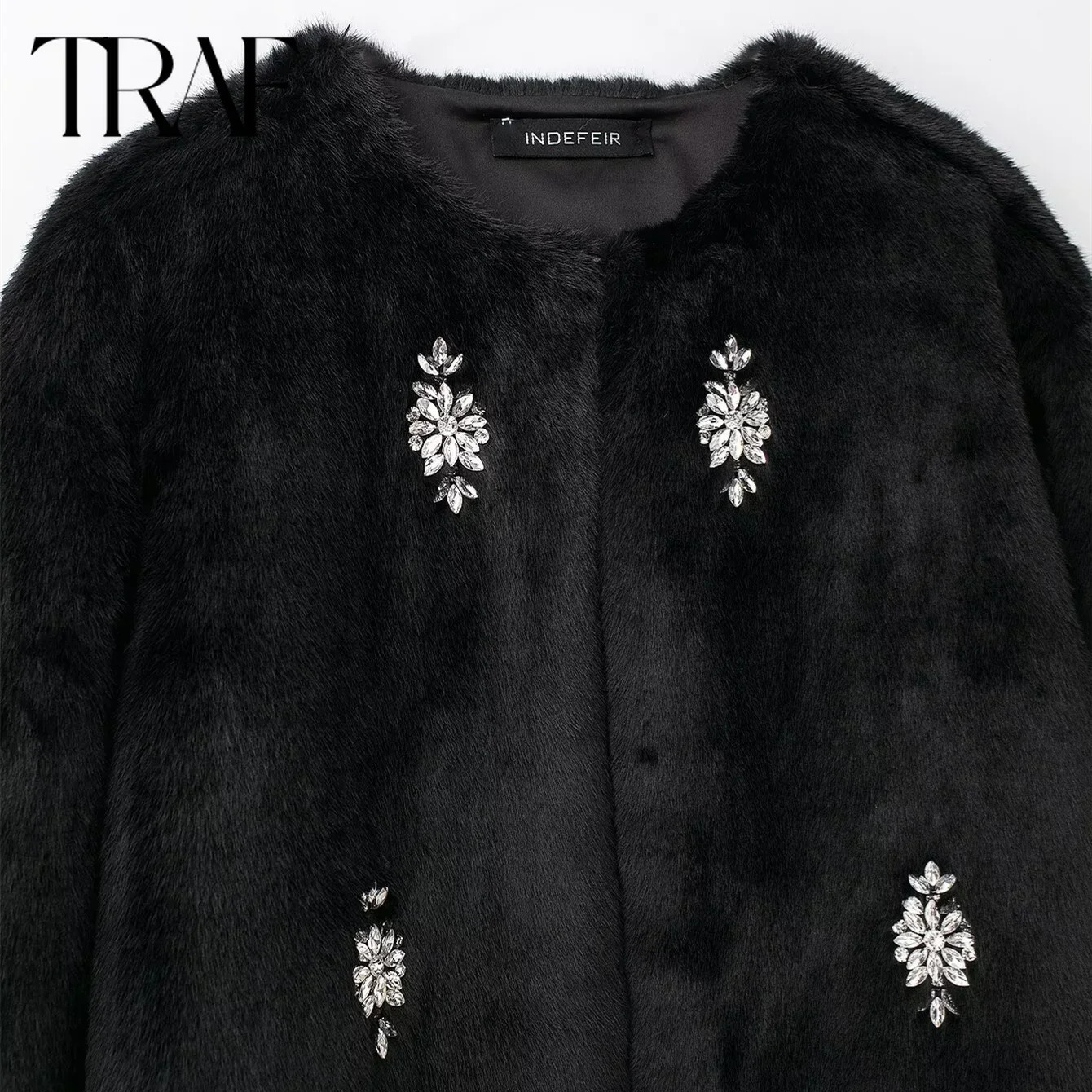 TRAF Womens Artificial Fur Coat Autumn/Winter Solid Long Sleeve Round Neck Fake Fur Warm Coat Fashion Womens Top 241202