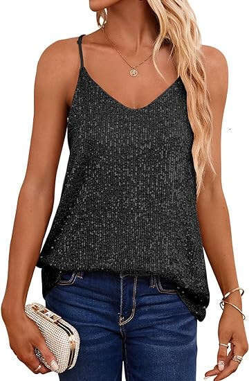 European and American style loose V-neck sleeveless sequin deep V-strap 2024 new casual versatile fashion clothing