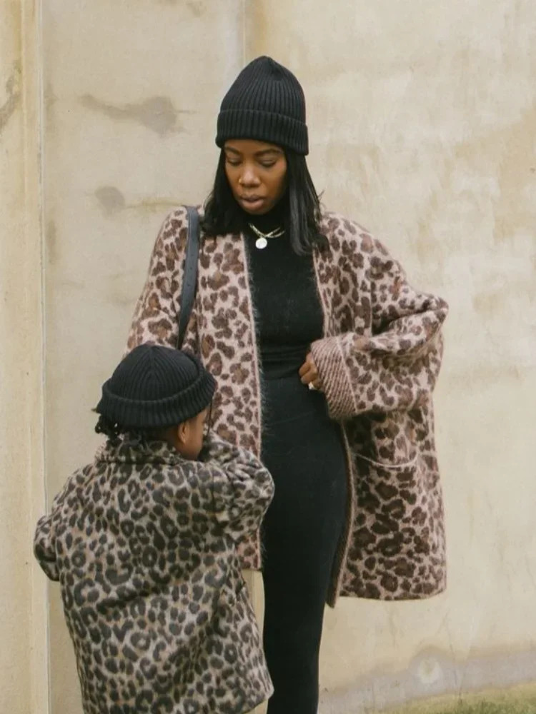 Fashion Leopard Print Mohair Knit Cardigan Women Casual Loose Pockets Long Sleeve Sweater Lady Front Open Commute Tops 241203