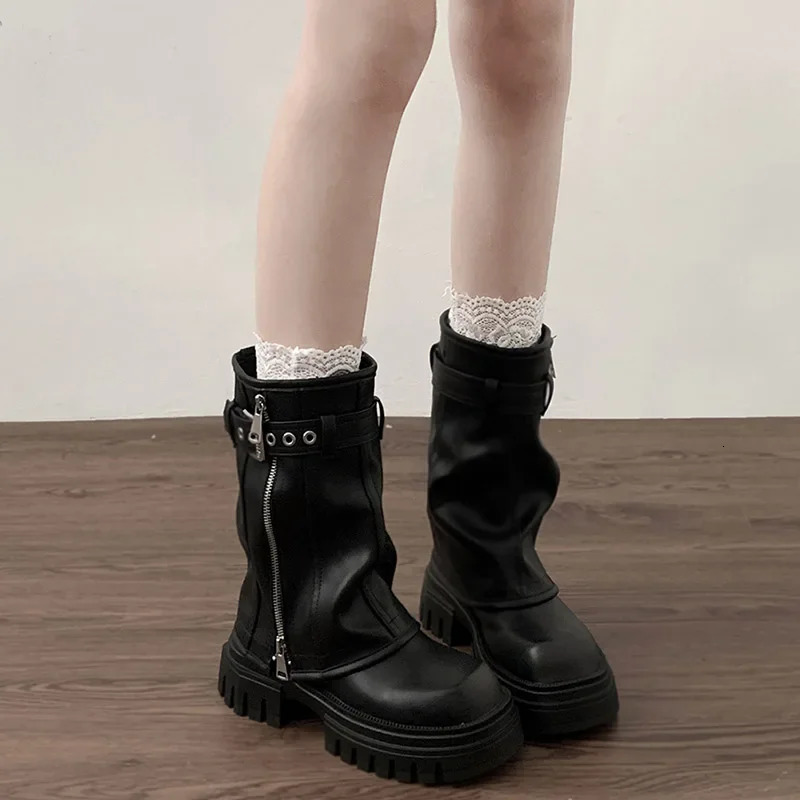 Winter Women Biker Boots Fashion Belt Buckle Ladies Elegant Platform Flats Short Booties Casual Womens Knight Booties 241206