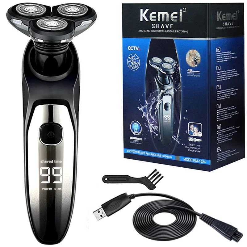 Kemei 1524 LCD Display Waterproof Electric Shaver For Men Wet Dry Beard Electric Razor Facial Shaving Machine RechargeableXJ241207