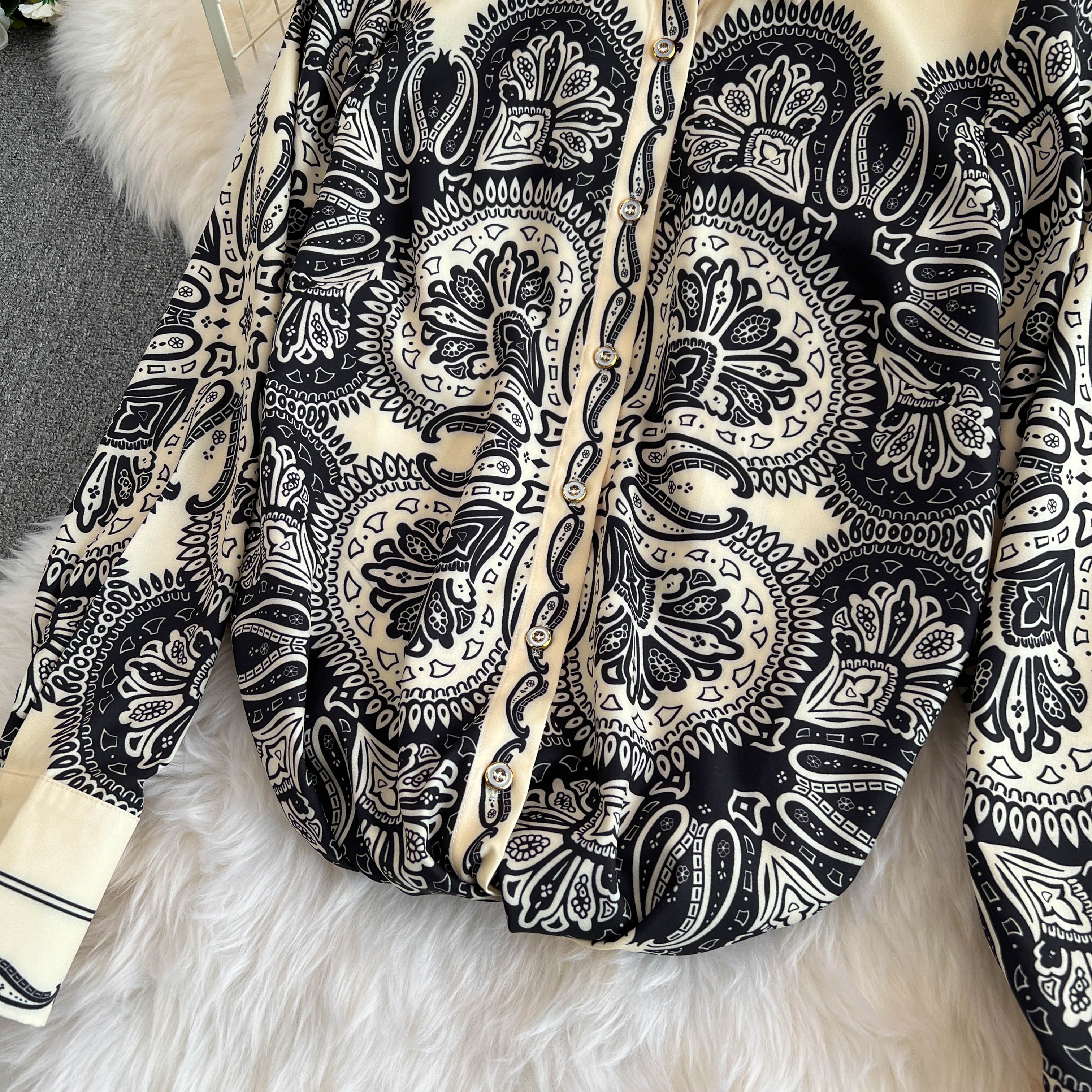 Women's Two Piece Dreses Pants Women Vintage Print 2 Piece Set Chic Lapel Long Sleeved Blouse Top Loose Straight Leg Pants Suit Fashion Streetwea