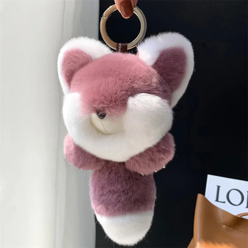 2024 Real Rex Rabbit Fur Fox Pendant Keychain Female Fluffy Fox Toy Pavilion Package Car Keychain Charm Girlfriend Gift Accessories 241206