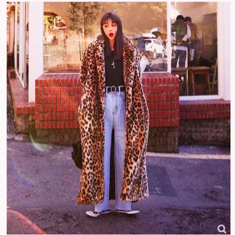 Extra Long Leopard faux fur coat womens winter faux fur leather jacket thickened thin scale coat plush fluffy coat 241202