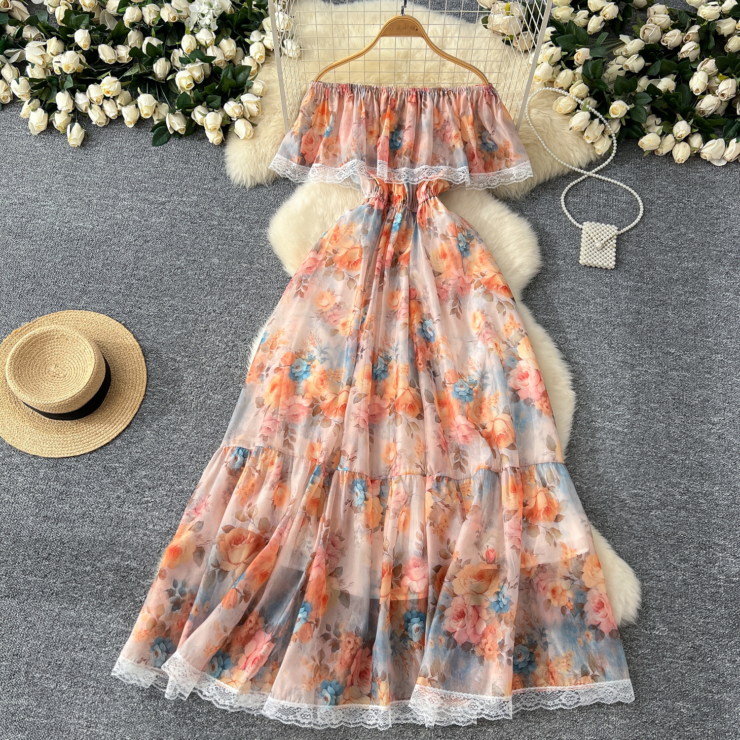 Summer New Casual Dresses 2025 Summer Gorgeous Flower Chiffon Holiday Dress Women's Sexy Off Shoulder Floral Print Lace Trims Elastic Waist Maxi 