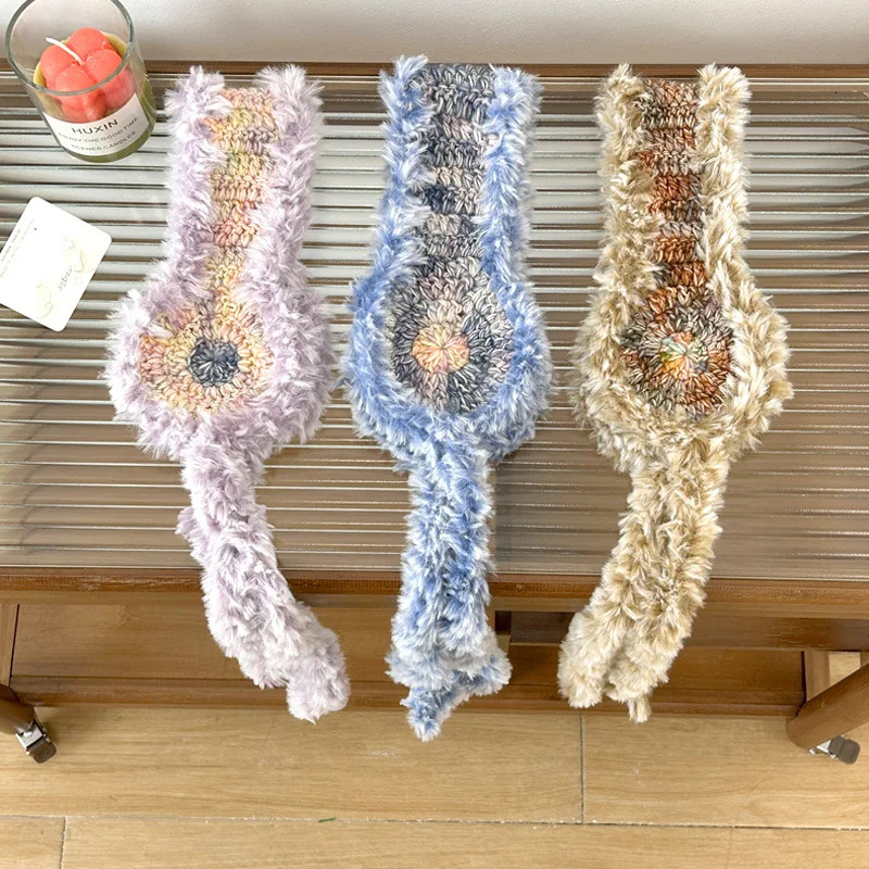 1 piece of gradient colored knitted earmuffs handmade wool flower with plush earmuffs Beanies warm windproof winter accessories 241205