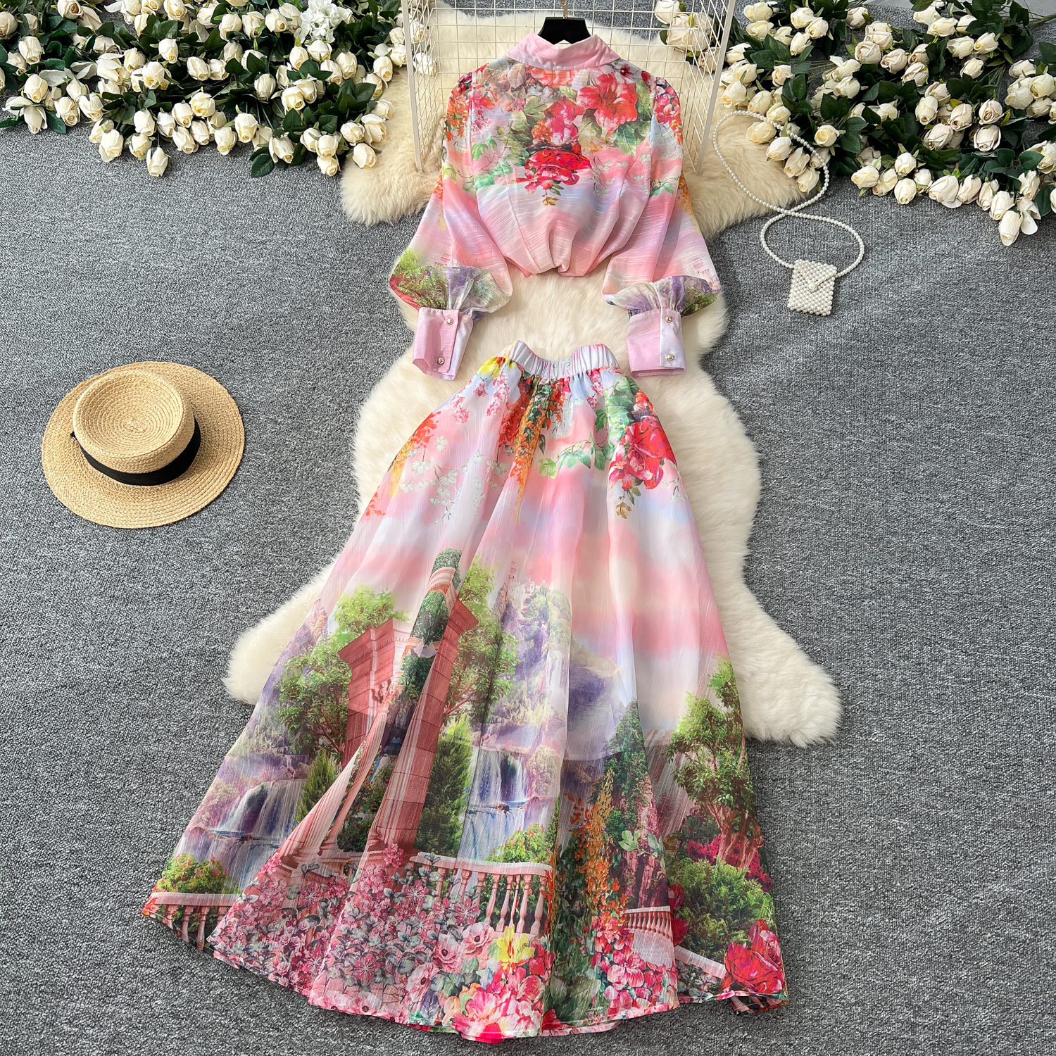 Two Piece Dress Women Summer Bohemian Floral Print Skirt Set Long Sleeve Blouses Tops & High Waist Pleated Maxi Skirt Female Two Piece Suits