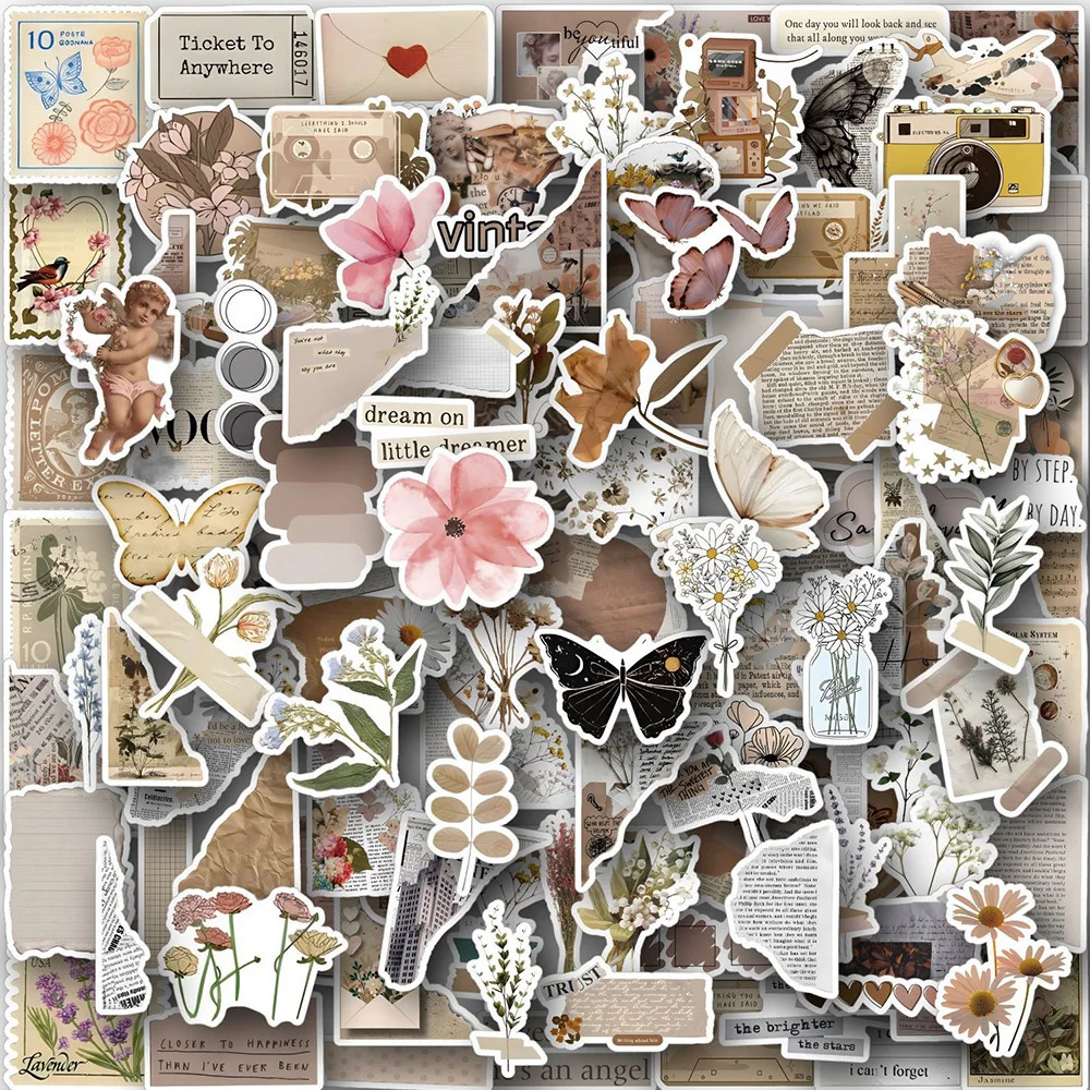 10/30/60/120 pieces of retro art flower butterfly aesthetic stickers retro stickers decoration laptops luggage scraper books car graffiti stickers 241