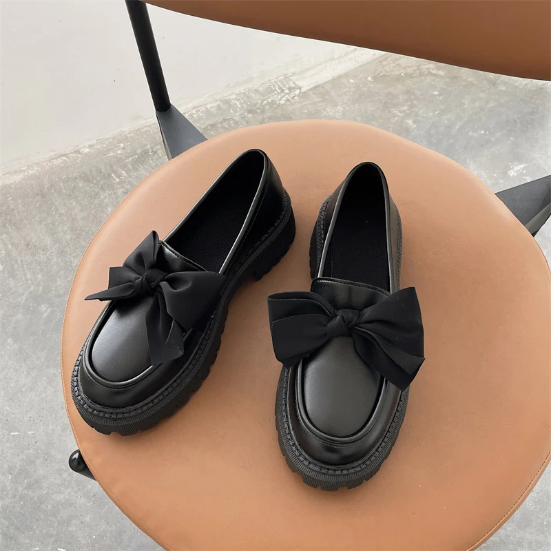 Women Flat Shoes Bow Leather Ladies 2024 Autumn Thick Heel Loafers Woman Fashion Comfortable Work Zapatos 241206