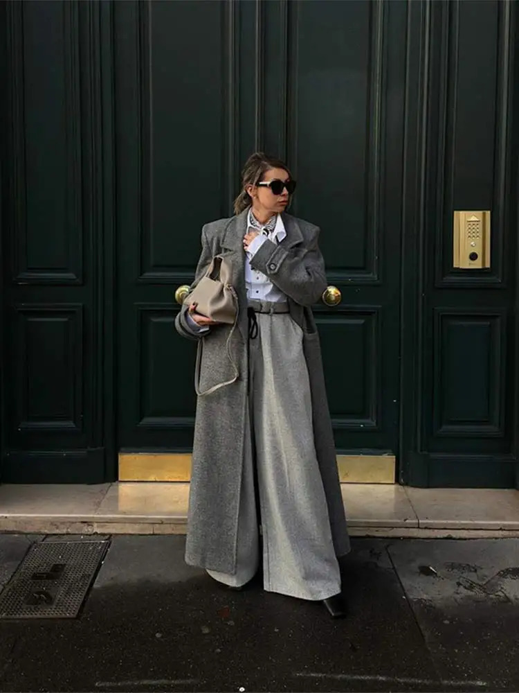 Autumn Grey Lapel Single Breasted Womens Long Wool Coat Chic Street Padded Shoulder Sleeve Jacket Female Outerwear 241202
