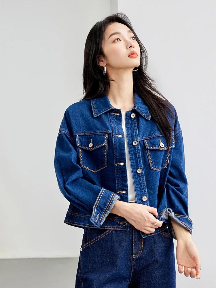Autumn loose short denim jacket retro womens lapel pocket single chest fashionable casual 241206
