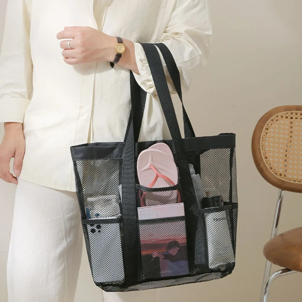 Large Capacity Mesh Wash Bag Shopping Shoulder Foldable Portable Beach Handbags 241203