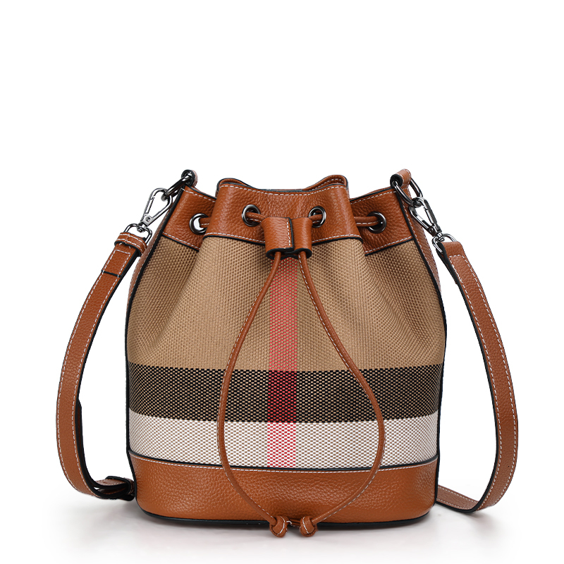 New plaid canvas fashionable women's handbag high-value designer leather bucket single shoulder crossbody bag 250324
