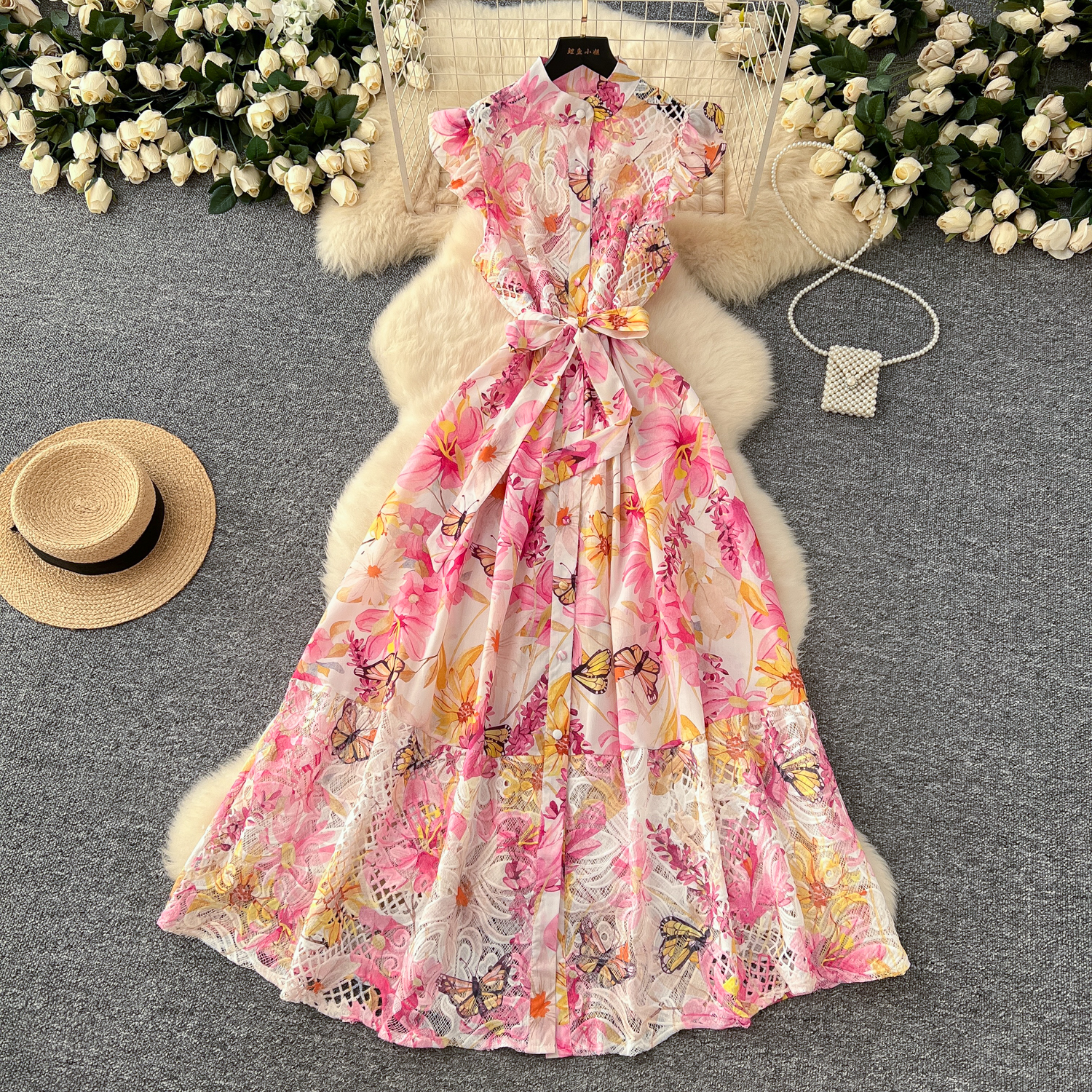 Casual Dresses Women Summer Gorgeous Flower Embroidery Lace Spliced Wedding Dress Women Ruffles Sleeve Colorful Belt Long Robe Holiday Party Vestidos 