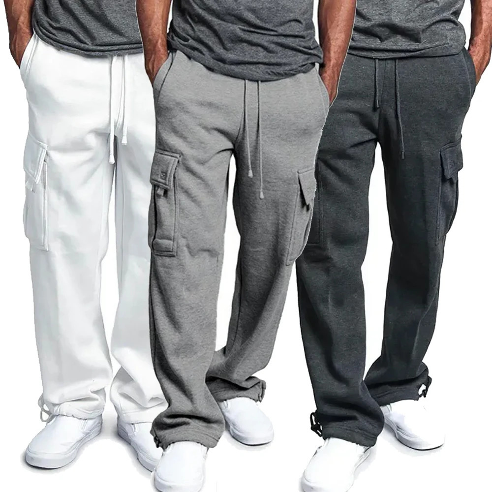 Mens wool cargo pants loose sweatpants with pockets sports straight jogging hiphop streetwear 241206