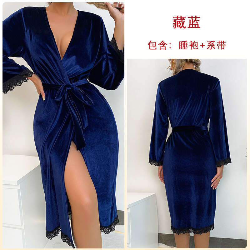 Sexy cardigan nightgown women's gold veet outer robe lace cuffs blue hotel coat wholesale 331 2024 new style chic elegant clothing