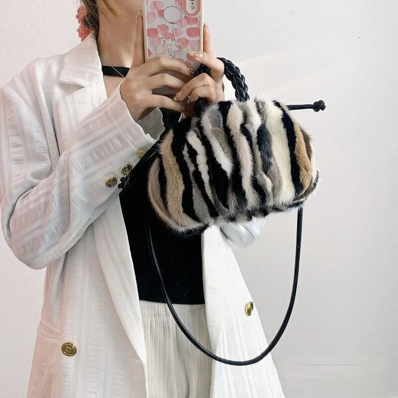 Real mink fur bag natural fur cloud bag winter thick fur leather bag womens shoulder bag fluffy evening bag fashionable womens bag 241205