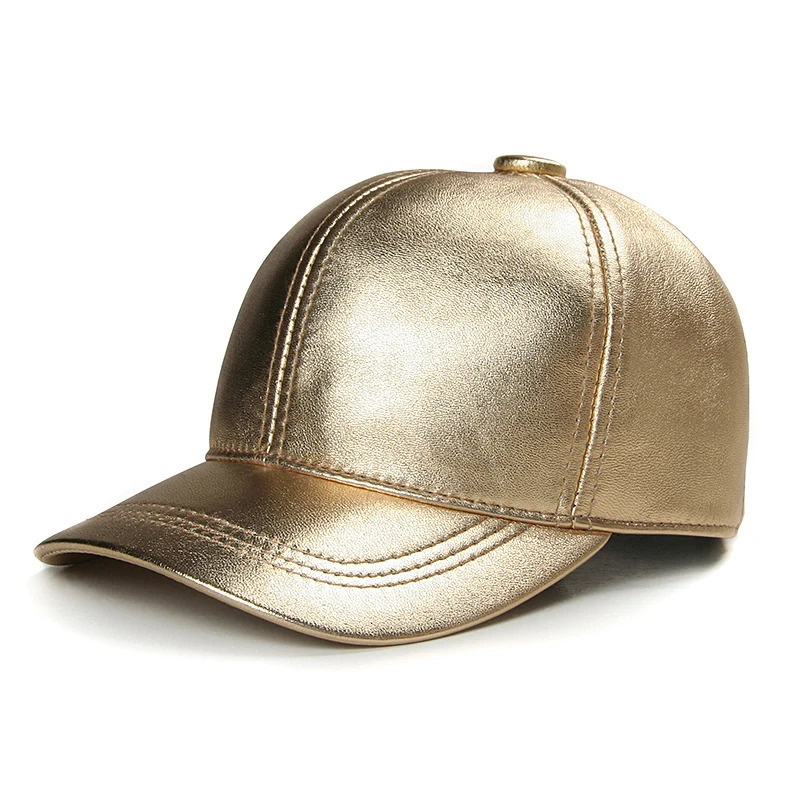 Winter unisex leather baseball cap mens outdoor casual shiny gold/silver hip trendy cap mens hockey fast back Chapeu 241206