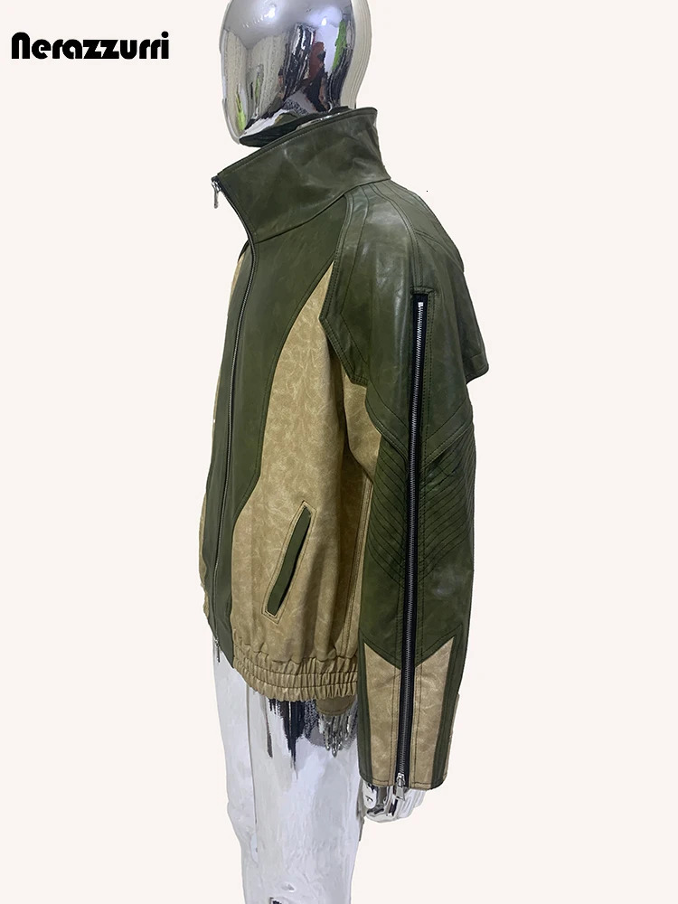 Blue and Black Legion Spring and Autumn Cool Windproof Color Block Pu Leather Jacket Mens Zipper er Runway Clothing 241205