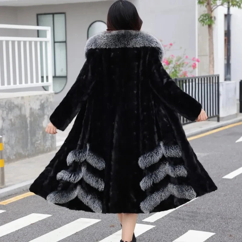 Mink coat womens premium 100% real mink coat womens winter coat real fox collar womens jacket loose fur coat 241202