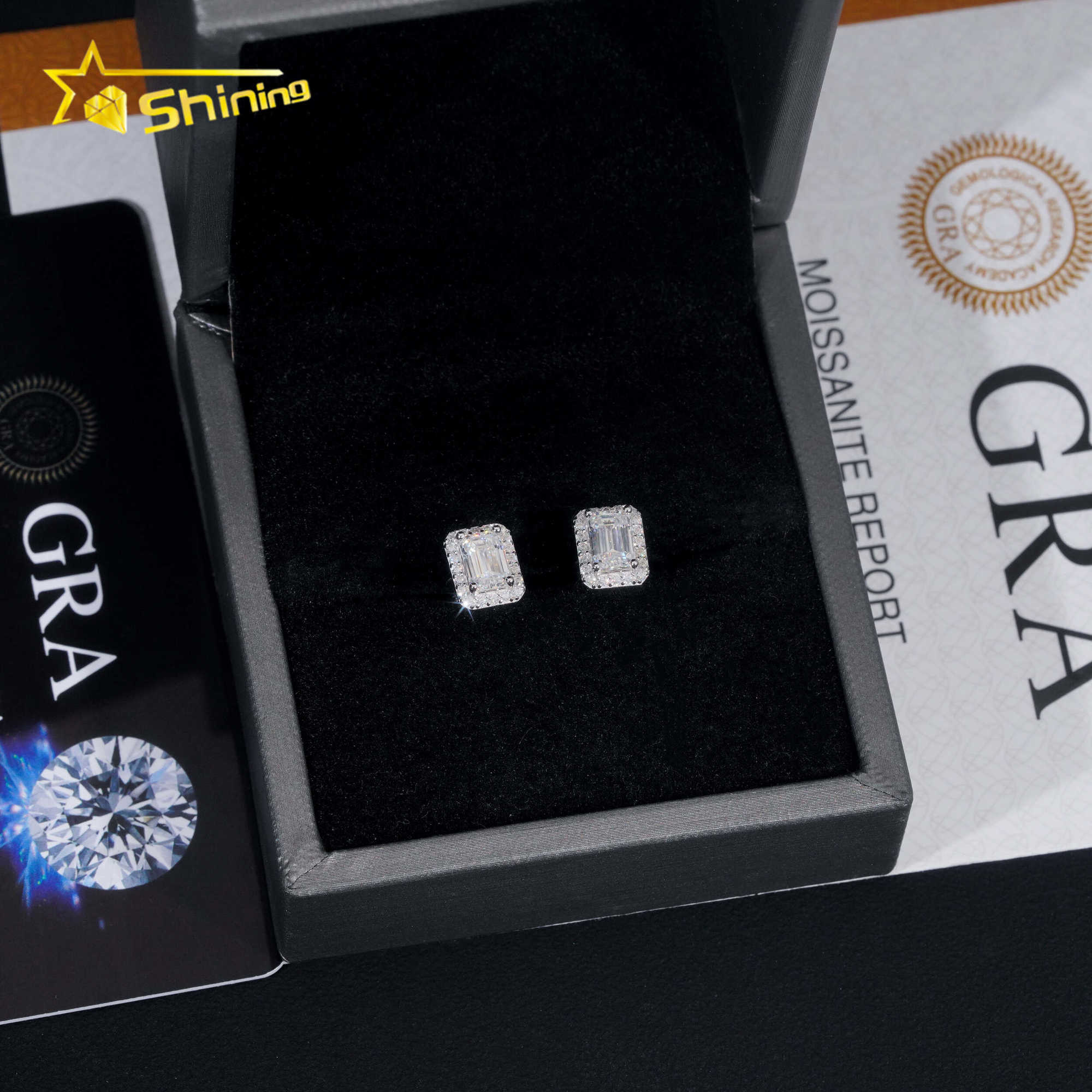 Emerald Cut Halo Earring Hip Hop Jewelry Iced Out VVS Diamond Moissanite White Gold Plated 925 Sterling Silver Stud Earrings