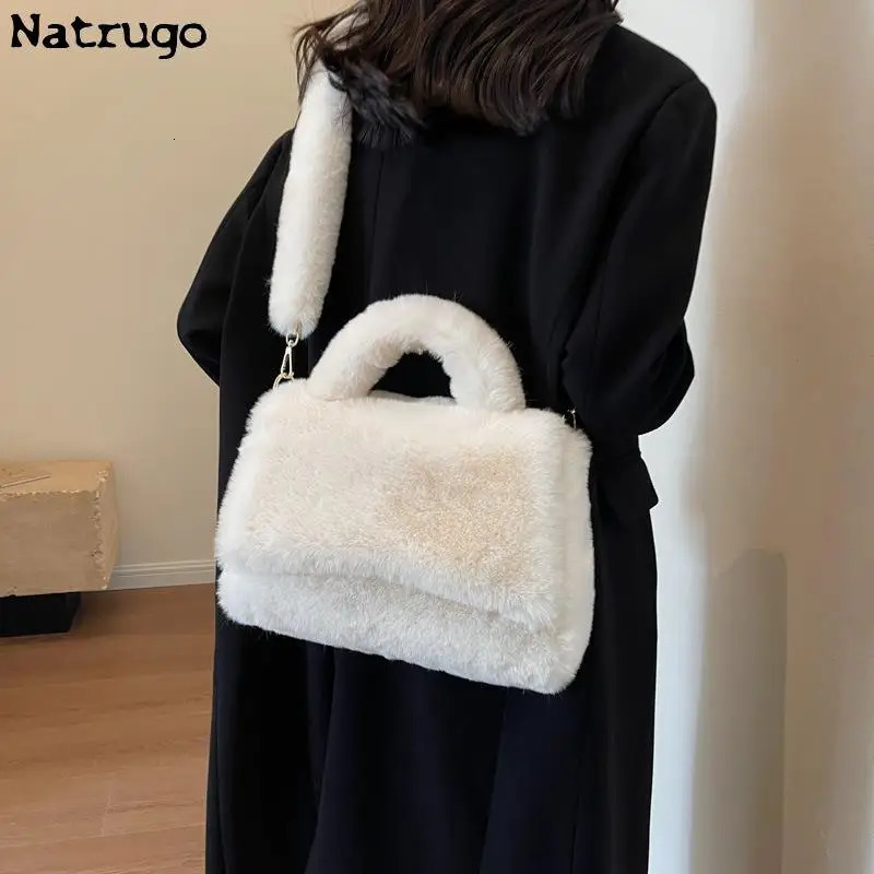Womens large handbag faux fur handbag womens shoulder bag fashionable plush handbag cross shaped bag winter fashion 241206