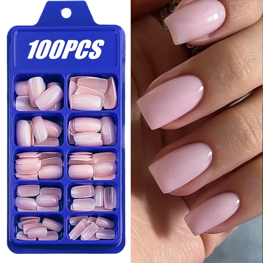 100Pcs Light Pink Press on Nails Short Medium Square Wearable Fake Nails Tips 10 sizes Full Cover False Nails Finger Decoration 241206