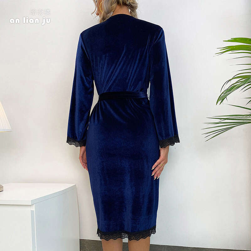 Sexy cardigan nightgown women's gold veet outer robe lace cuffs blue hotel coat wholesale 331 2024 new style chic elegant clothing