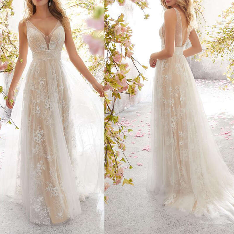 European American Women's Sexy V-neck Sleeveless Lace Wedding Dress 2024 New Style Unique and Elegant Clothing
