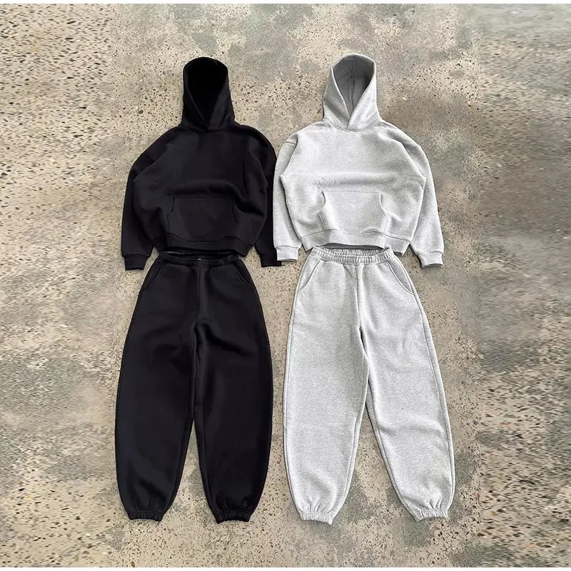 American retro simple sportswear mens fashion solid color pocket hoodie and loose elastic waist sports pants two-piece set 241205
