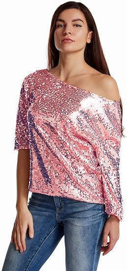 European and American style loose slanted shoulder short sleeved casual sequin deep V-shirt 2024 temperament versatile new trendy clothing ins
