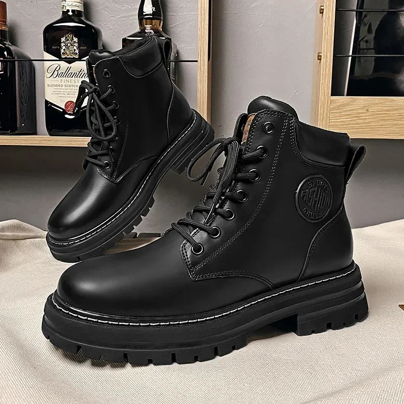 Retro Casual High Top Boots for Men Winter y Rhubarb Mens Motorcycle Ankle LaceUp Work Footwear Botas Hombre 241206
