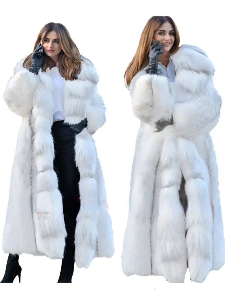 Winter long sleeved faux fur warm coat long sleeved coat fox fur coat womens long hooded fur one-piece fur coat S-XXXXL 241202