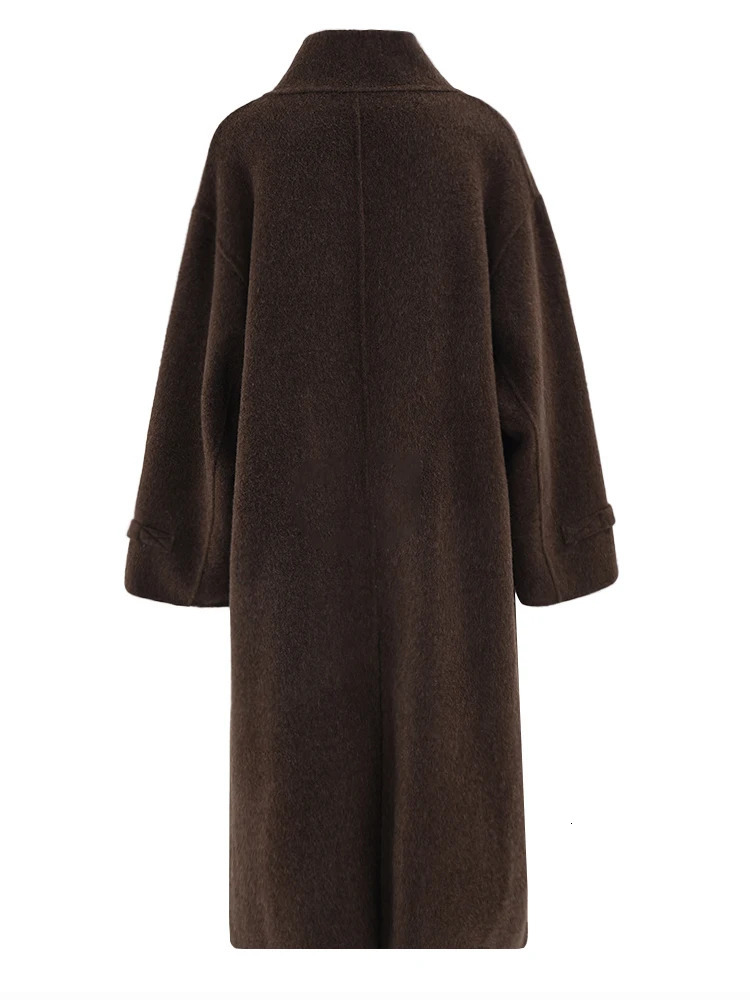 EAM Brown Large Thick Wool Coat Stand Collar Long Sleeve Womens Jacket Fashion Trend Winter CPG2349 241205