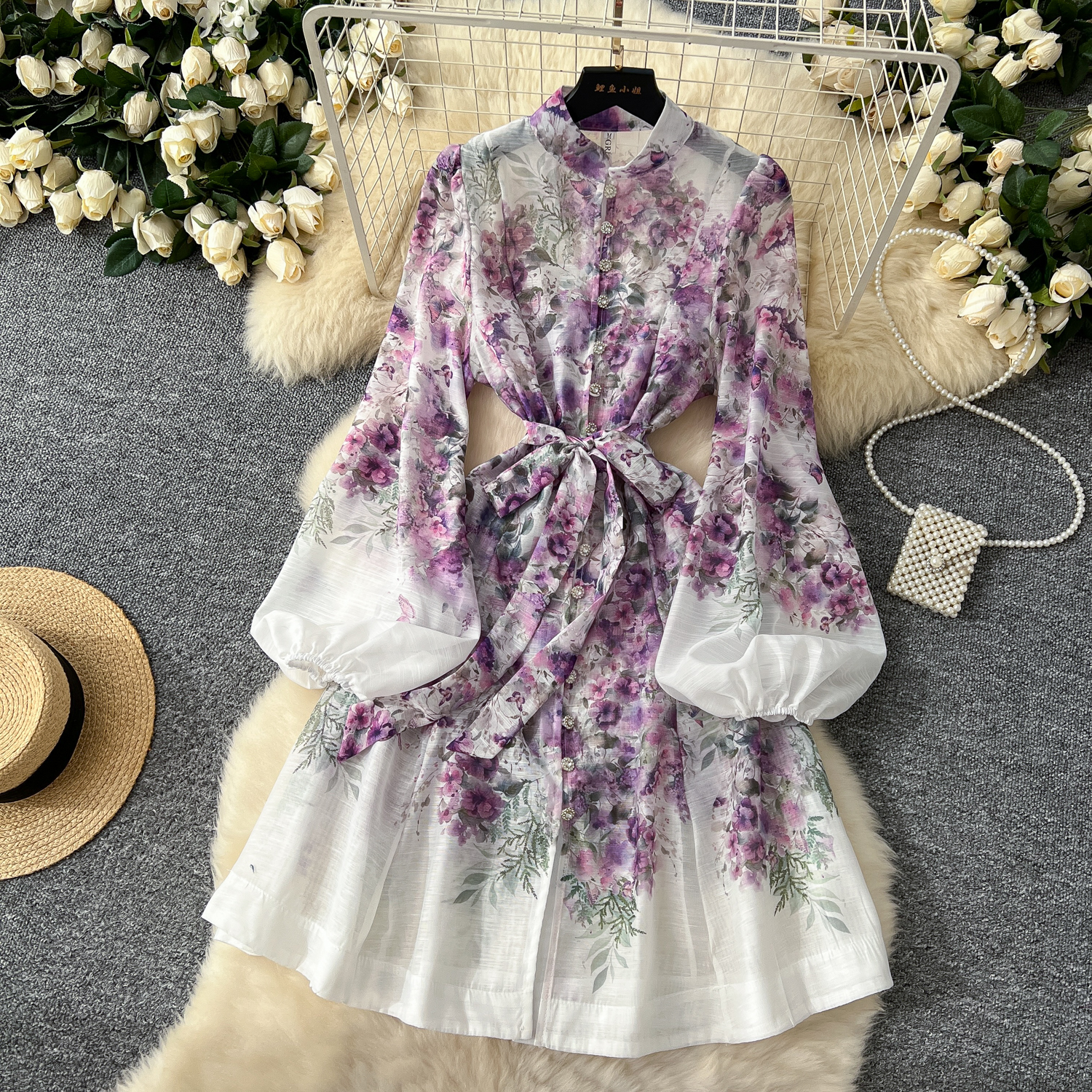 Casual Dresses 2025 Spring Holiday Gorgeous Flower Organza Dress Women Lantern Long Sleeve Beaded Button Floral Print Belt Lace Up Boho Ves