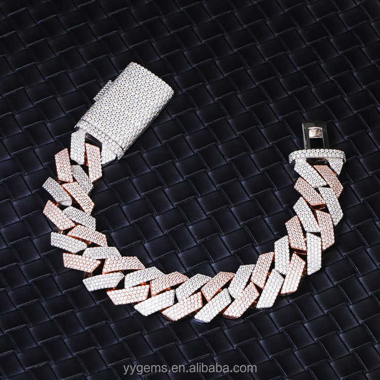 Yy rts 20 mm 4rows diamond cuban bracelet 2 tones plate iced out moissanite bracelets 925 silver fine jewelry bracelets for men