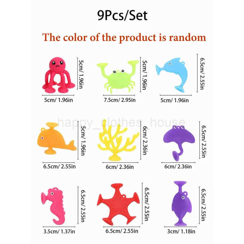 New 9pcs Suction Sticky Cup Kids Education Soft Building Blocks Versatile Ocean Animal Puppet Bath Sensory Toy for baby giftXJ241207