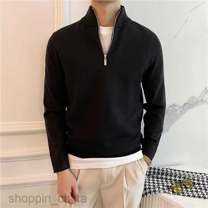 Men's Sweaters New autumn and winter men solid color semi high neck knitted sweater thick long sleeved casual winter zipper pullover sweater