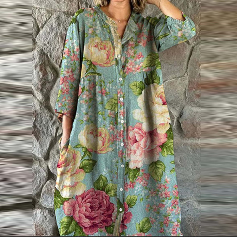 Bohemian Loose Single Breasted Women's Casual O-neck Pocket Commuting Spring Summer Print Long Sleeved Dress