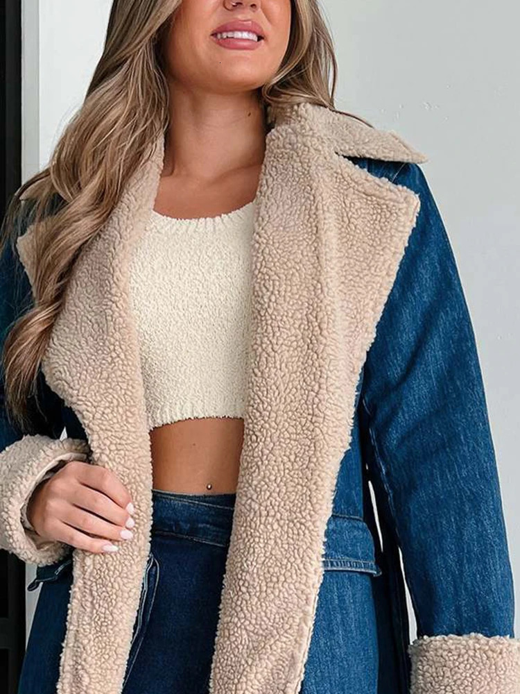 GVUW Collar Denim Womens Long Coat Full Sleeve Open Splicing Pocket 2024 Winter Retro Style Top 17G9092 241206