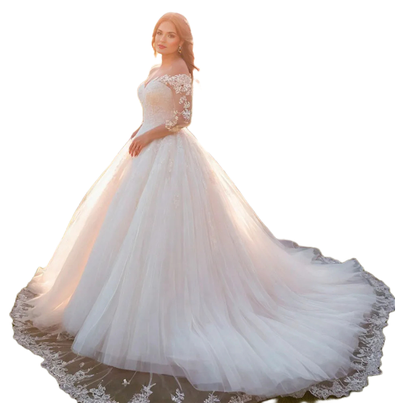 3/4 Long Sleeves Princess Wedding Dresses Lace Appliques Tulle Ball Gown Bridal Dress Back Lace-Up Corset Off Shoulder Elegant Vestido De Novia Court 