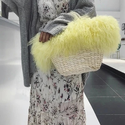 Fashion long hair curly Mongolian sheepskin handbag Real Xizang sheepskin cross wrap sheepskin shoulder turf beach bag 241205