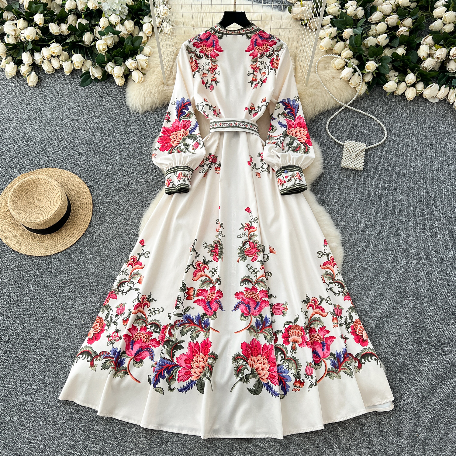 Casual Dresses 2025 Spring Vintage Flower Maxi Dress Women's Lantern Sleeve Stand Single-Breasted A-Line Floral Printed Belt Long Robe Vestidos